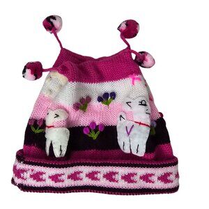 Hand-Knitted Alpaca-Themed Pink & White Beanie hat 18m size With Pom-Poms